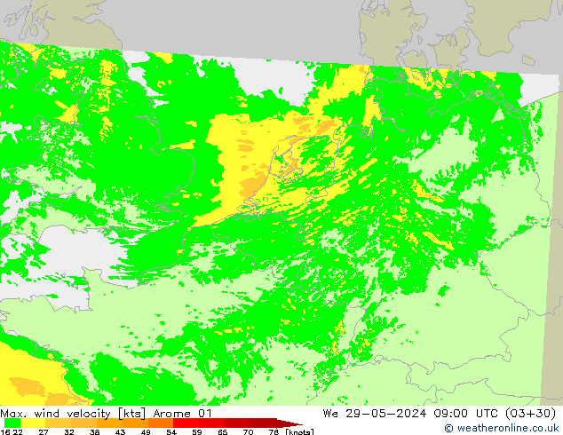 Max. wind velocity Arome 01 śro. 29.05.2024 09 UTC