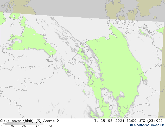 Cloud cover (high) Arome 01 Tu 28.05.2024 12 UTC