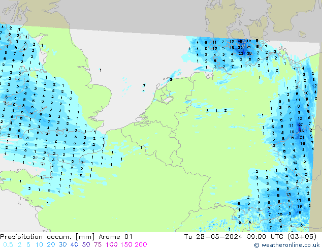Precipitation accum. Arome 01 Tu 28.05.2024 09 UTC