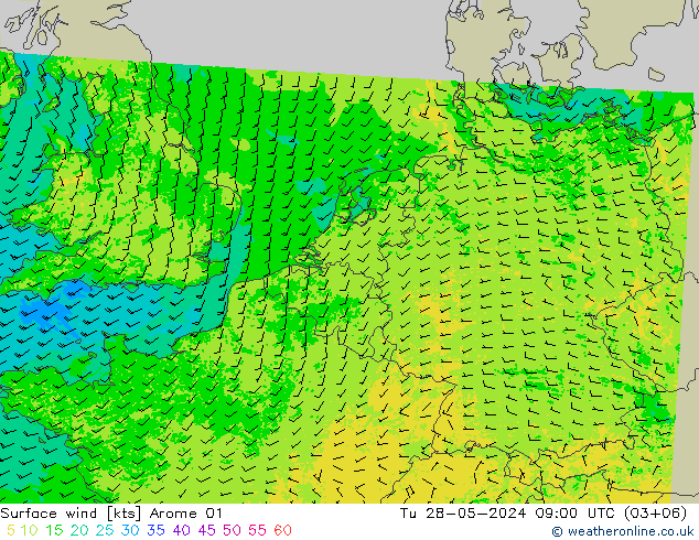 Surface wind Arome 01 Tu 28.05.2024 09 UTC