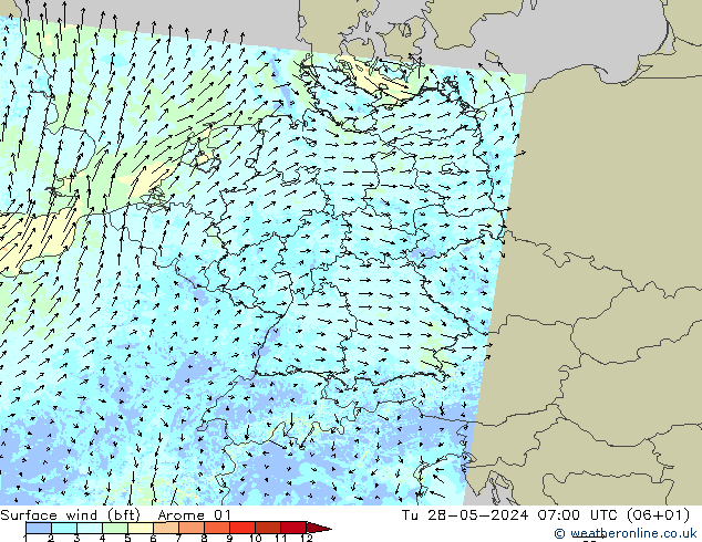 Surface wind (bft) Arome 01 Tu 28.05.2024 07 UTC
