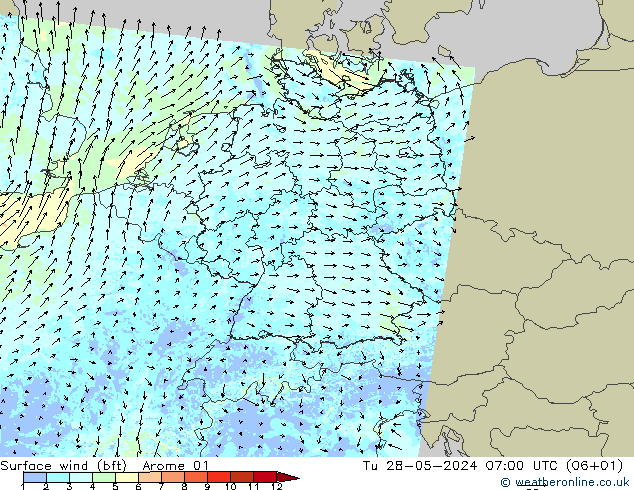 Vent 10 m (bft) Arome 01 mar 28.05.2024 07 UTC