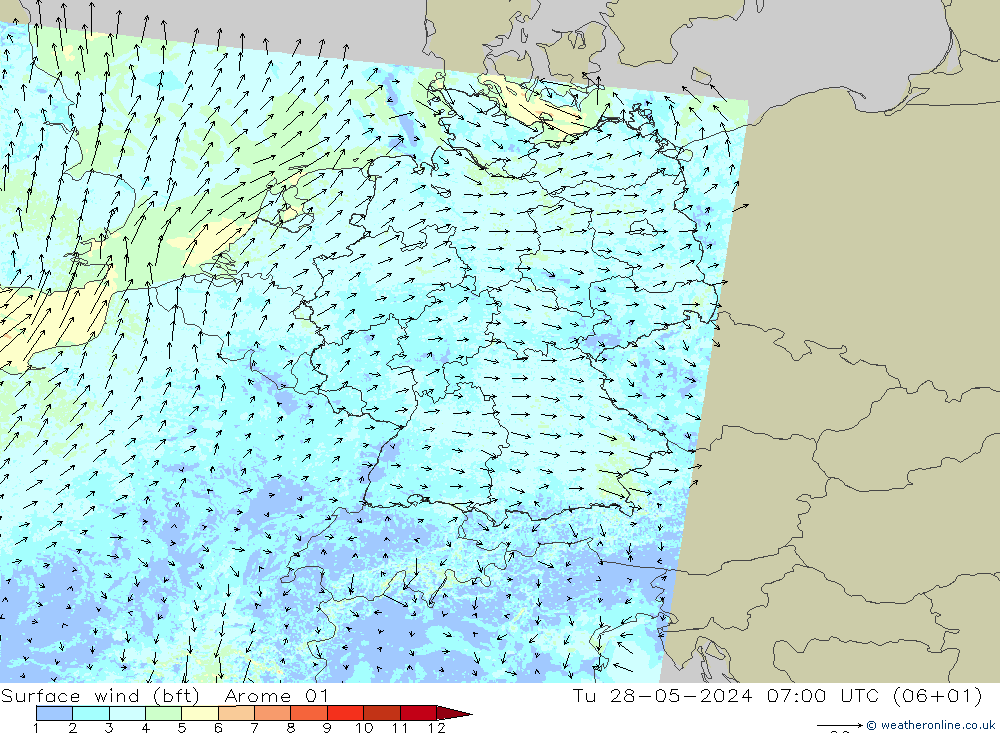 Vent 10 m (bft) Arome 01 mar 28.05.2024 07 UTC