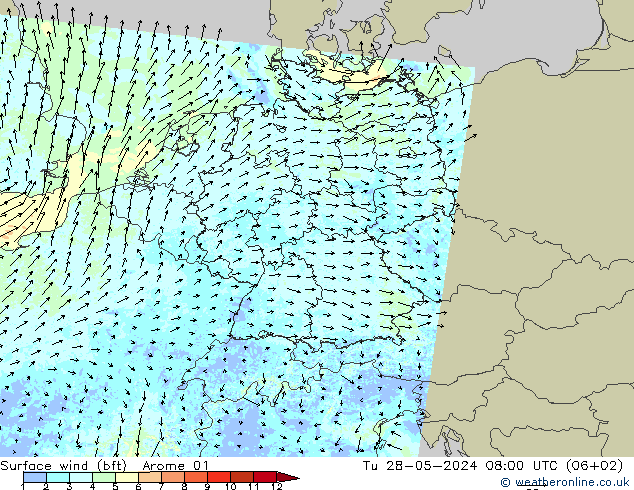 Surface wind (bft) Arome 01 Tu 28.05.2024 08 UTC
