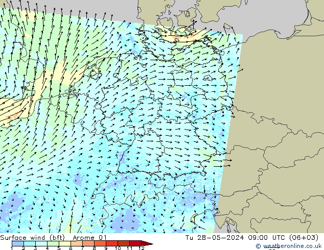 Viento 10 m (bft) Arome 01 mar 28.05.2024 09 UTC