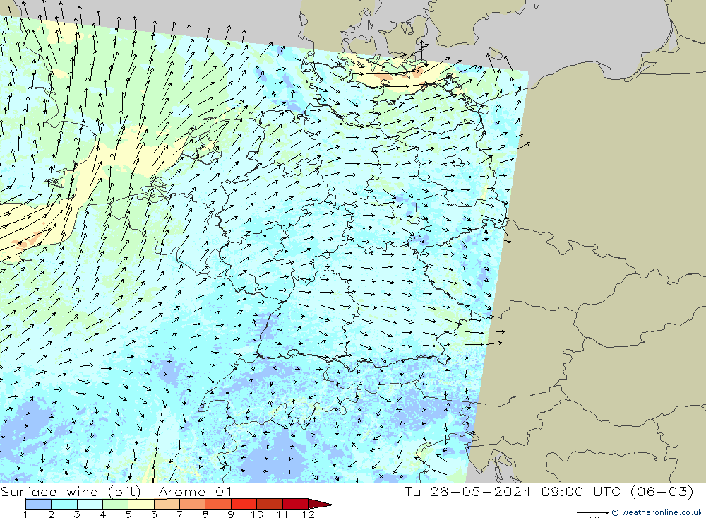 Surface wind (bft) Arome 01 Tu 28.05.2024 09 UTC