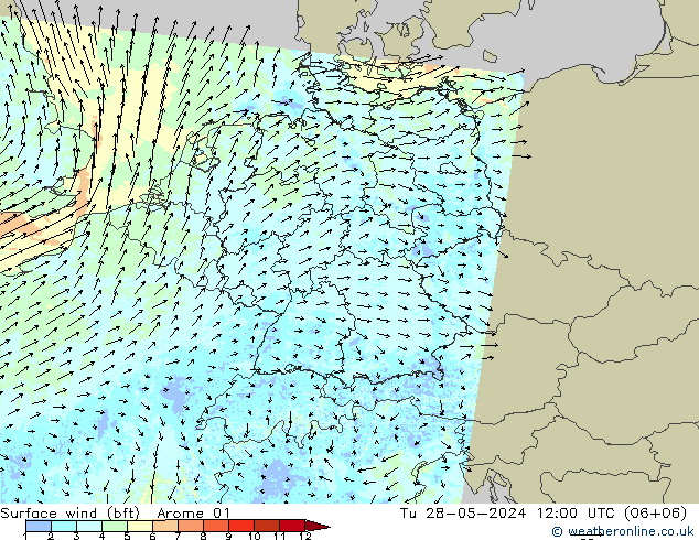 Wind 10 m (bft) Arome 01 di 28.05.2024 12 UTC