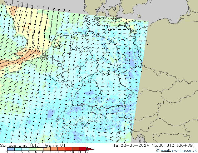 Vent 10 m (bft) Arome 01 mar 28.05.2024 15 UTC