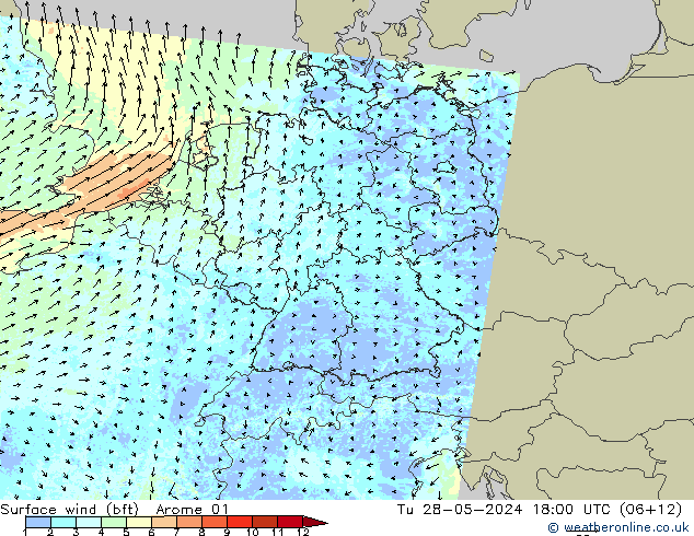 Rüzgar 10 m (bft) Arome 01 Sa 28.05.2024 18 UTC