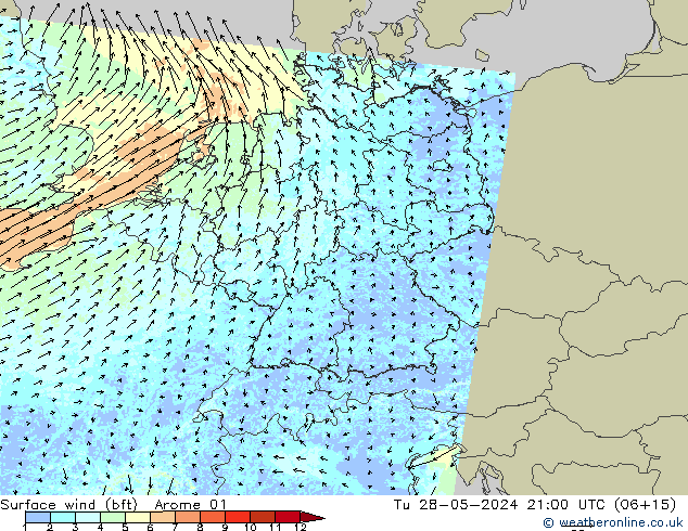 Wind 10 m (bft) Arome 01 di 28.05.2024 21 UTC