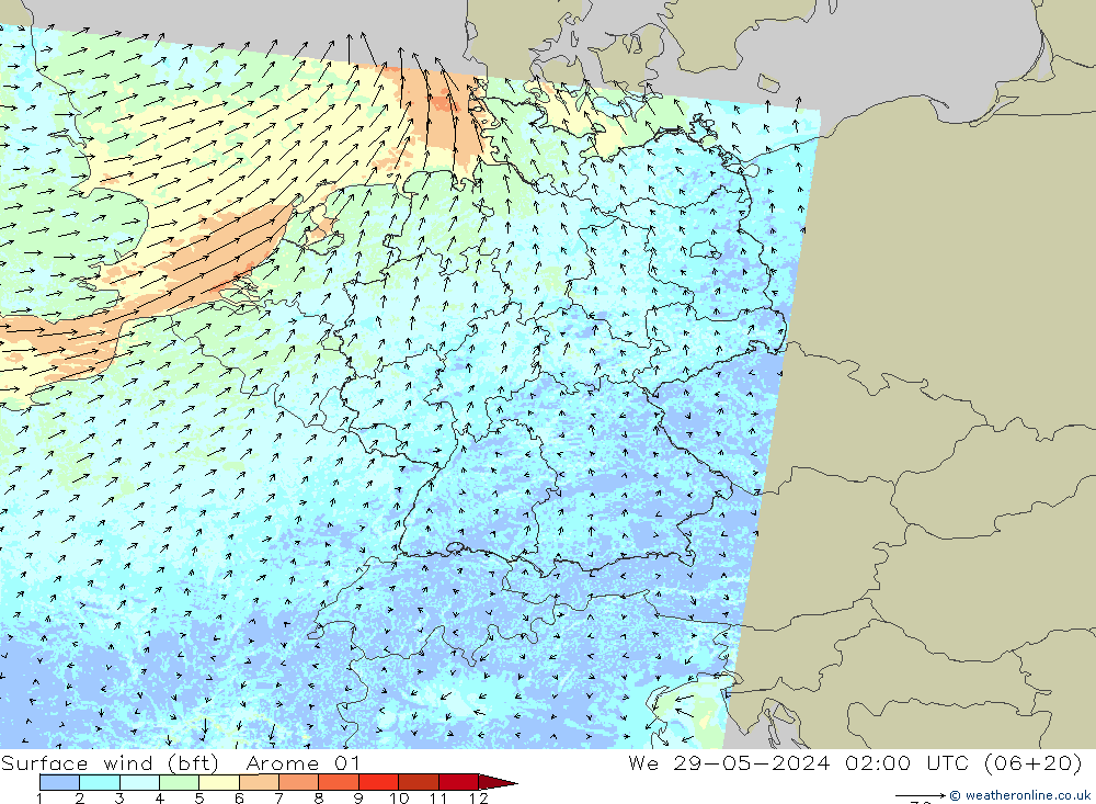 Surface wind (bft) Arome 01 We 29.05.2024 02 UTC