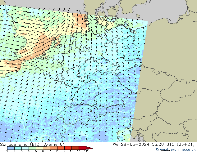 Surface wind (bft) Arome 01 We 29.05.2024 03 UTC