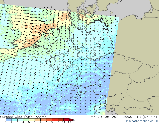 Wind 10 m (bft) Arome 01 wo 29.05.2024 06 UTC