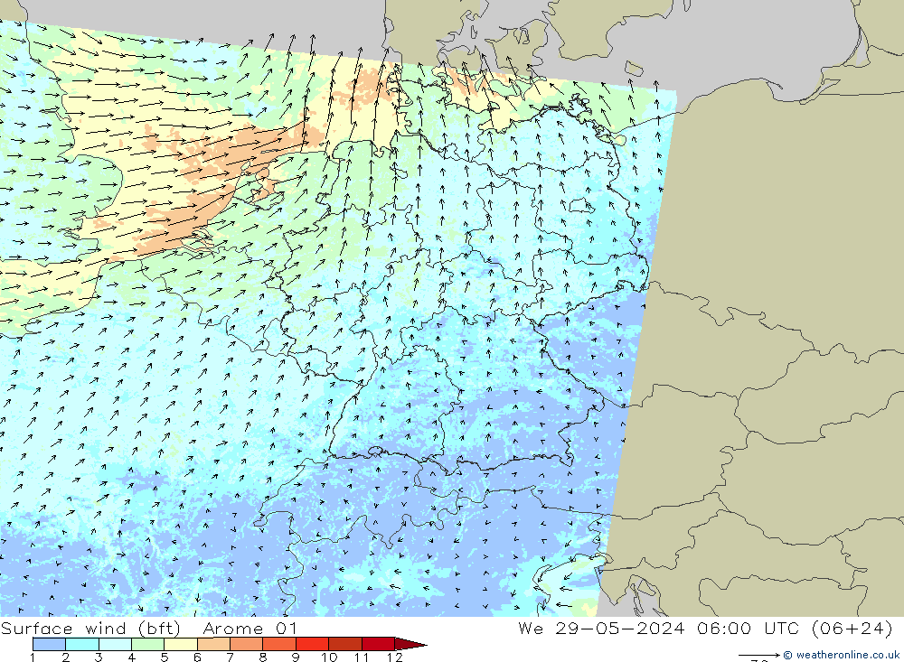 Bodenwind (bft) Arome 01 Mi 29.05.2024 06 UTC