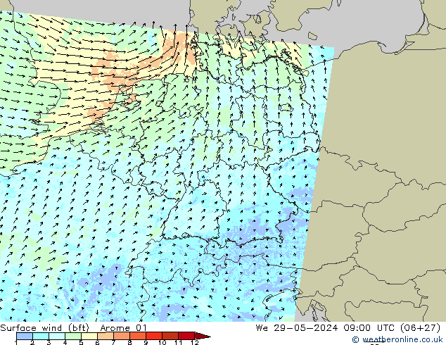 Vent 10 m (bft) Arome 01 mer 29.05.2024 09 UTC