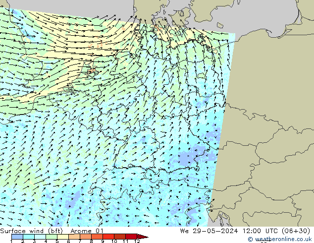 Viento 10 m (bft) Arome 01 mié 29.05.2024 12 UTC