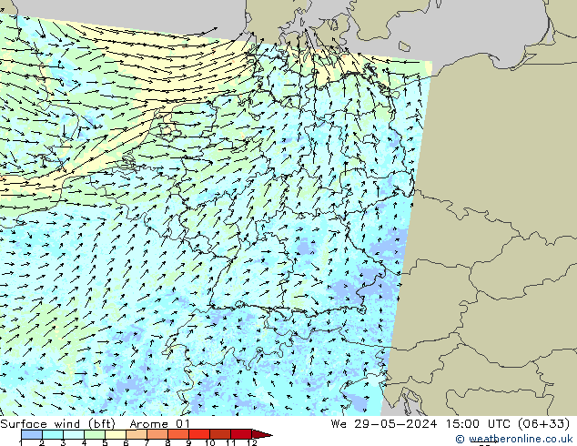 Wind 10 m (bft) Arome 01 wo 29.05.2024 15 UTC