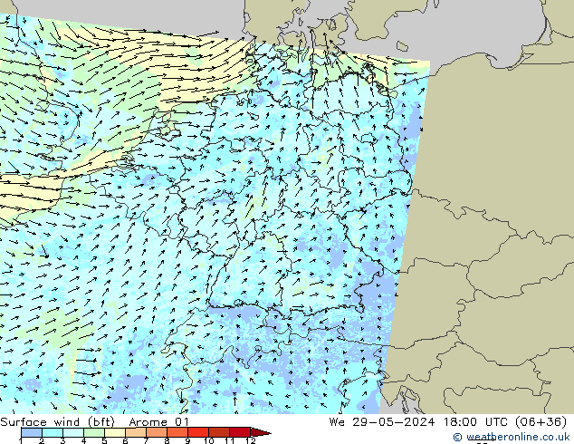 Bodenwind (bft) Arome 01 Mi 29.05.2024 18 UTC