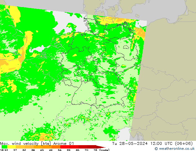 Max. wind velocity Arome 01  28.05.2024 12 UTC