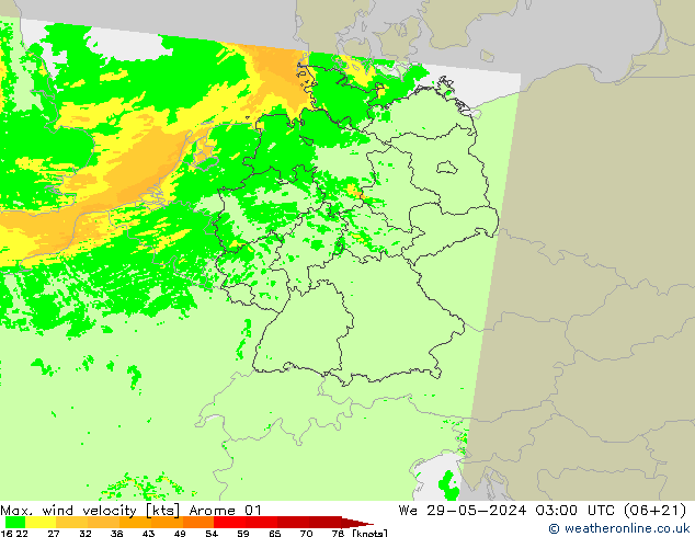 Max. wind velocity Arome 01 mié 29.05.2024 03 UTC