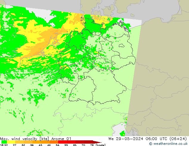 Max. wind velocity Arome 01 St 29.05.2024 06 UTC