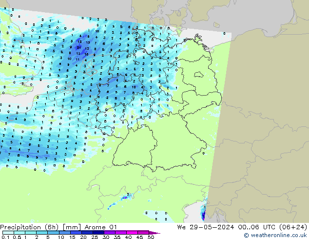 Precipitación (6h) Arome 01 mié 29.05.2024 06 UTC