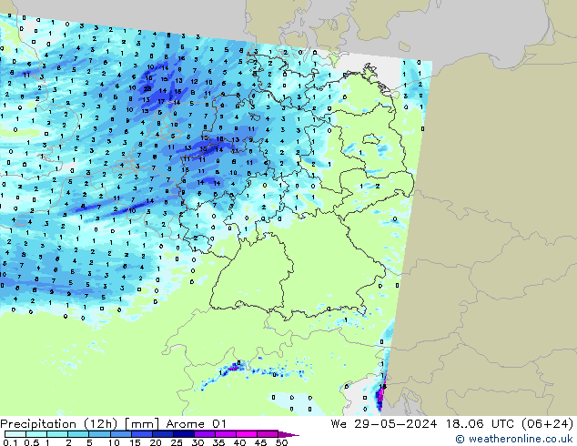 Précipitation (12h) Arome 01 mer 29.05.2024 06 UTC