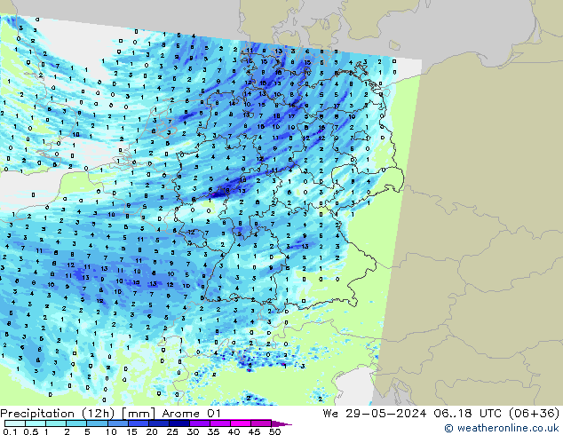 Precipitação (12h) Arome 01 Qua 29.05.2024 18 UTC