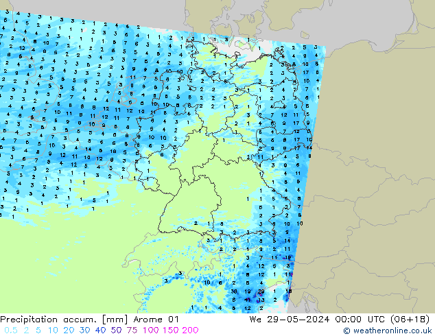 Totale neerslag Arome 01 wo 29.05.2024 00 UTC