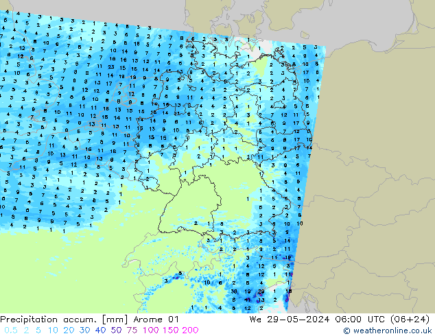 Precipitation accum. Arome 01 ср 29.05.2024 06 UTC