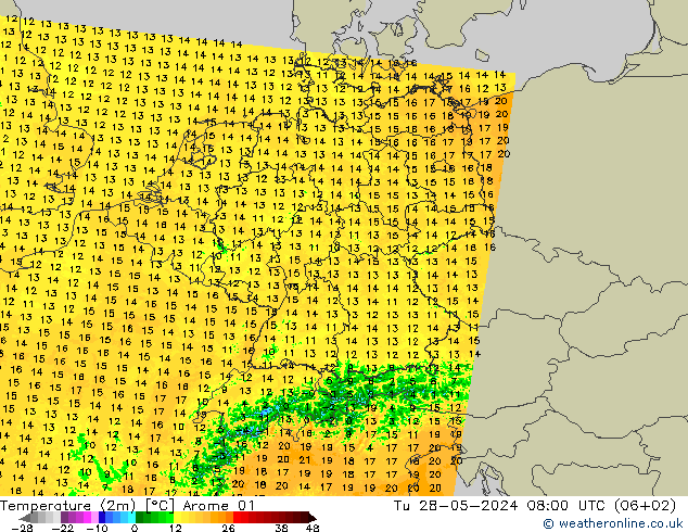 Temperaturkarte (2m) Arome 01 Di 28.05.2024 08 UTC