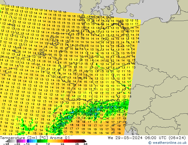 Temperatura (2m) Arome 01 mer 29.05.2024 06 UTC