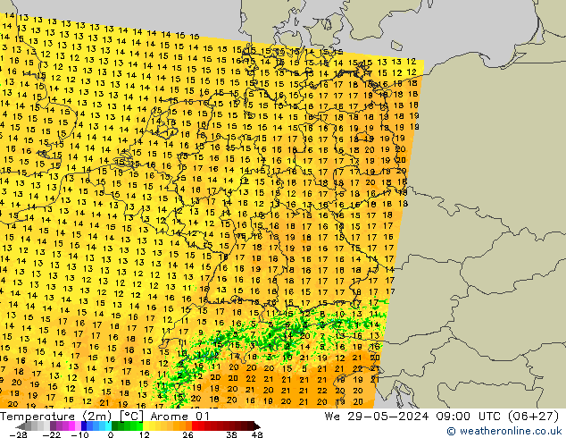 Temperature (2m) Arome 01 We 29.05.2024 09 UTC