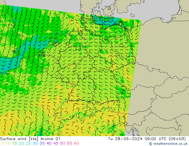 Viento 10 m Arome 01 mar 28.05.2024 09 UTC