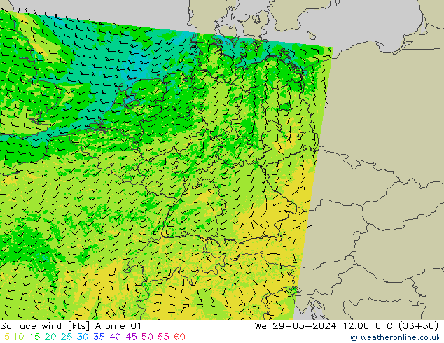 Vento 10 m Arome 01 Qua 29.05.2024 12 UTC