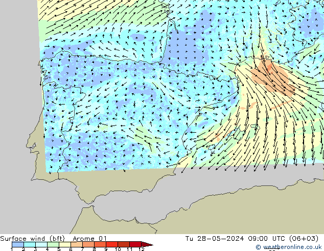 Surface wind (bft) Arome 01 Tu 28.05.2024 09 UTC