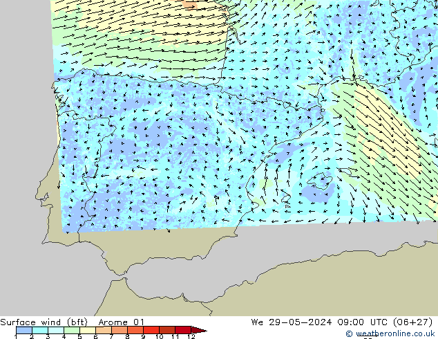 Rüzgar 10 m (bft) Arome 01 Çar 29.05.2024 09 UTC