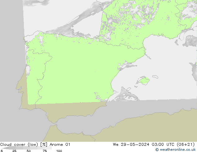 Cloud cover (low) Arome 01 We 29.05.2024 03 UTC