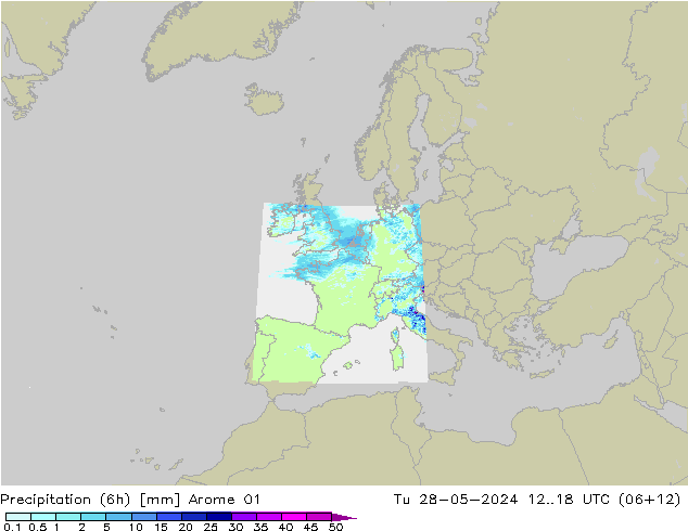 Precipitation (6h) Arome 01 Tu 28.05.2024 18 UTC