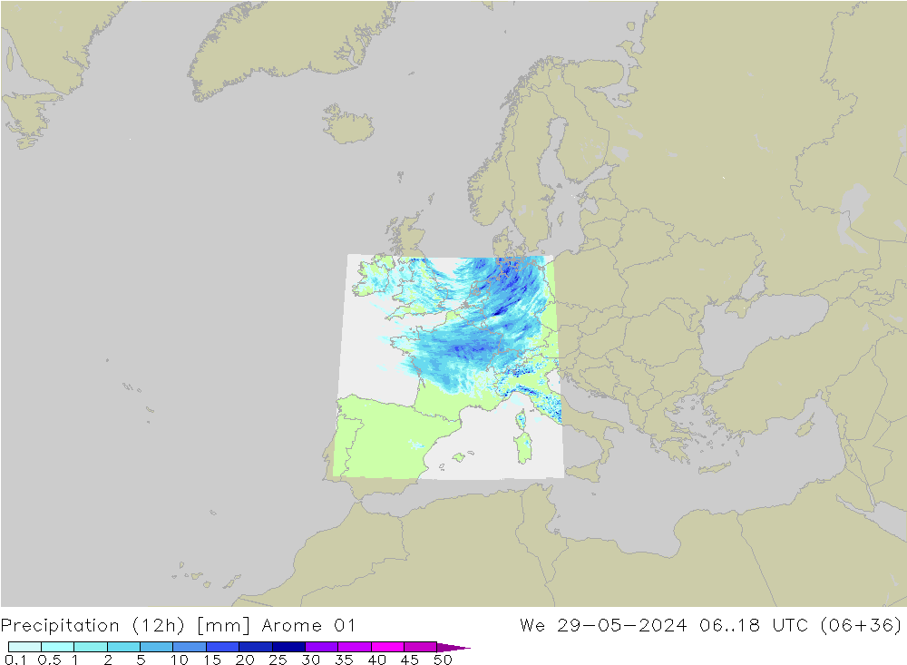 Nied. akkumuliert (12Std) Arome 01 Mi 29.05.2024 18 UTC