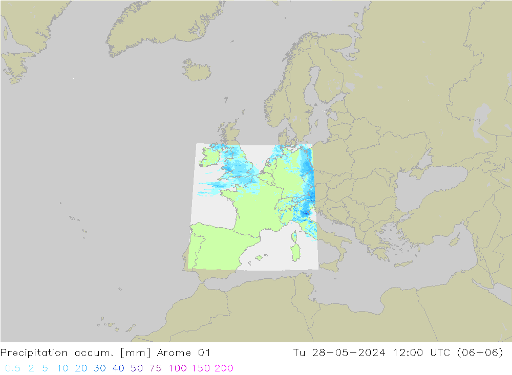 Precipitation accum. Arome 01 星期二 28.05.2024 12 UTC