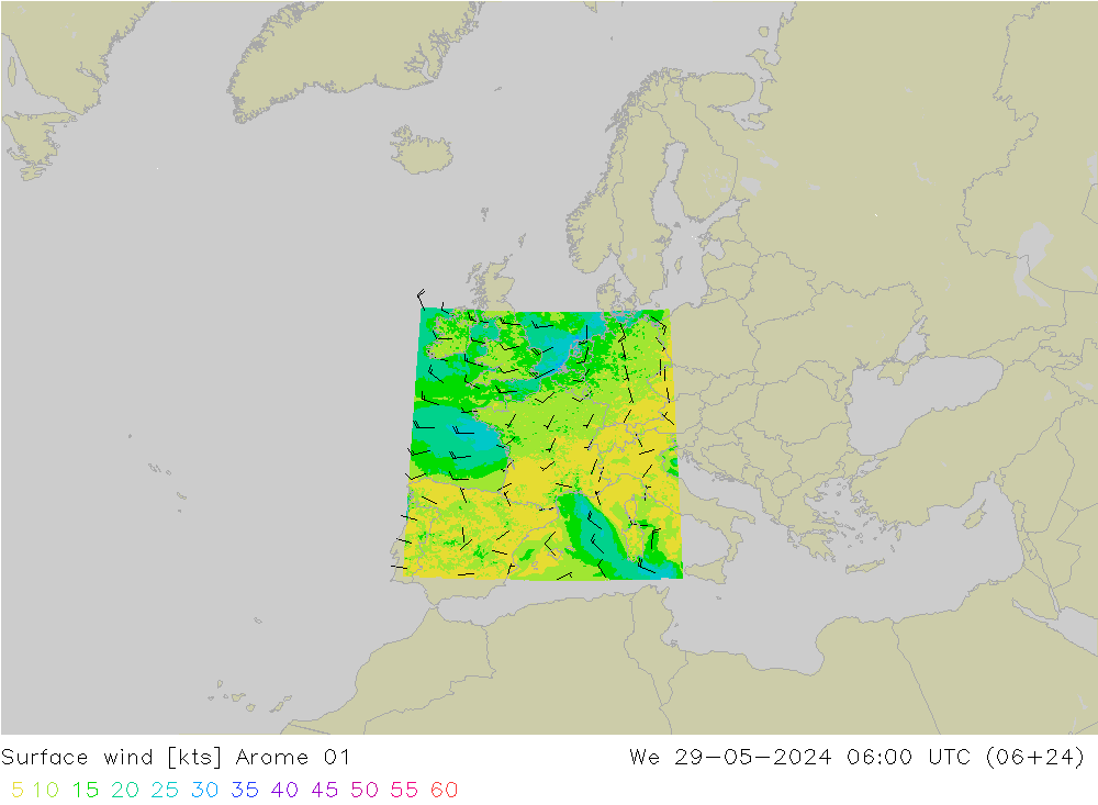 Rüzgar 10 m Arome 01 Çar 29.05.2024 06 UTC