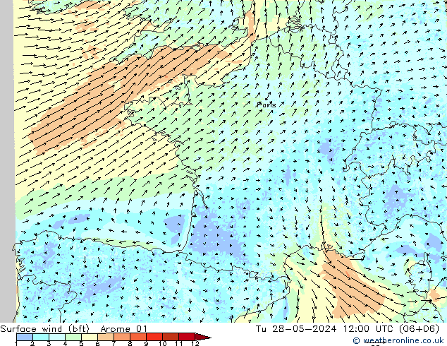 Surface wind (bft) Arome 01 Út 28.05.2024 12 UTC