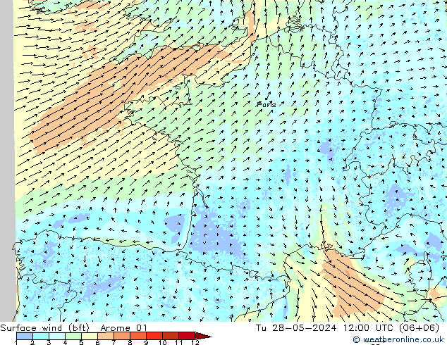 Bodenwind (bft) Arome 01 Di 28.05.2024 12 UTC