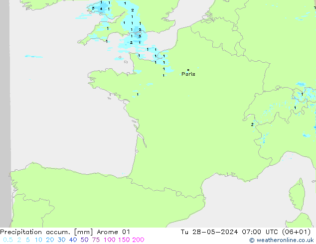 Toplam Yağış Arome 01 Sa 28.05.2024 07 UTC