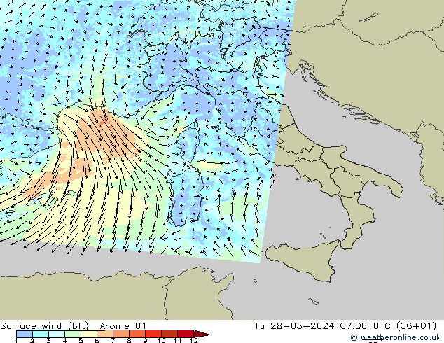 Rüzgar 10 m (bft) Arome 01 Sa 28.05.2024 07 UTC