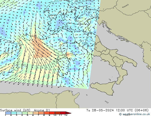 Rüzgar 10 m (bft) Arome 01 Sa 28.05.2024 12 UTC