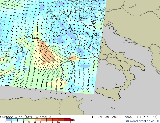 Wind 10 m (bft) Arome 01 di 28.05.2024 15 UTC