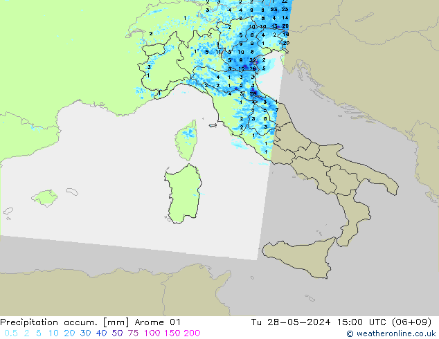 Precipitation accum. Arome 01 wto. 28.05.2024 15 UTC