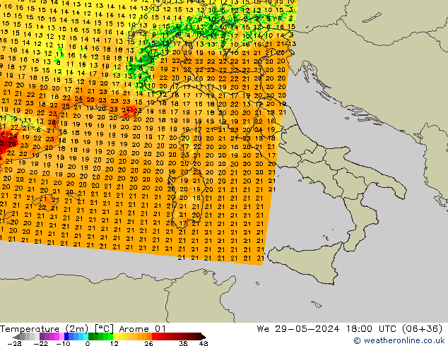 карта температуры Arome 01 ср 29.05.2024 18 UTC